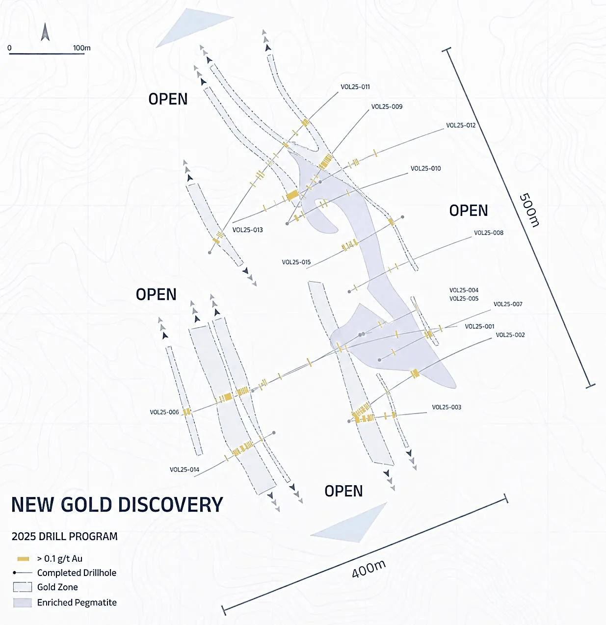 Plan map of the new gold discovery at Volney showing drill holes, gold zones, and a 500 m by 400 m footprint open in all directions