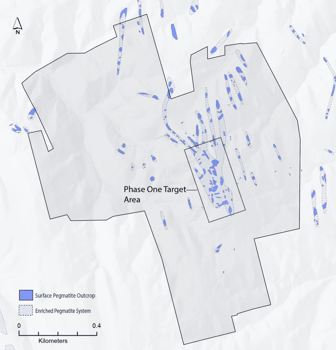 Map of regional pegmatite targets across the Volney Project beyond the Phase 1 drill area